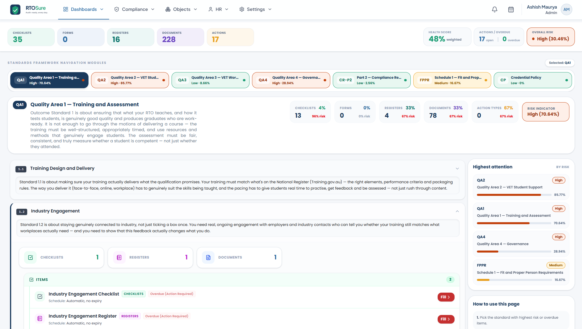 RTOSure dashboard showing framework health, quality area risk and compliance activity
