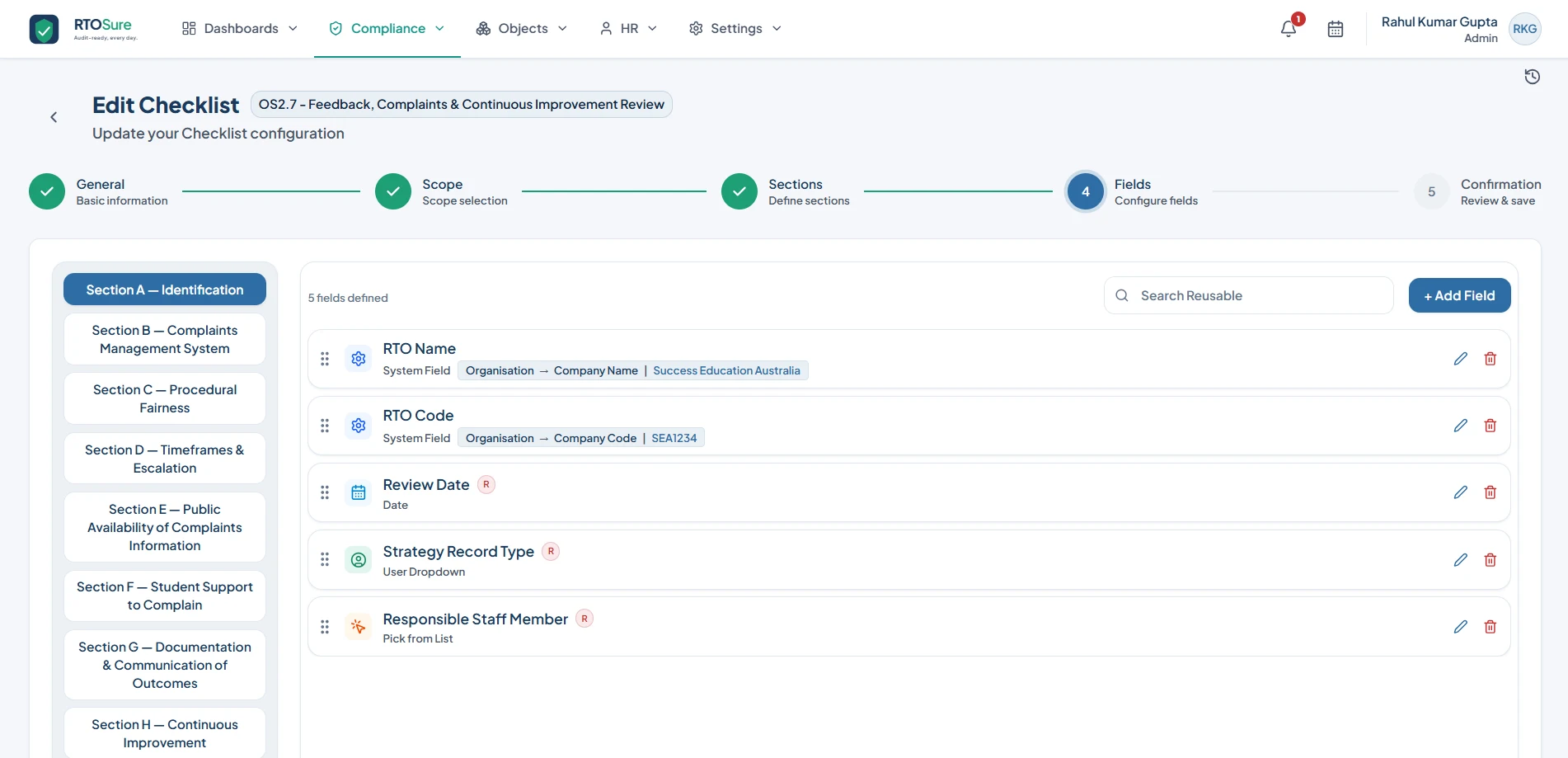 RTOSure checklist and workflow guided compliance task